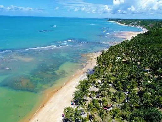 Vista aérea de praia com coqueiral e mar verde-azulado no litoral sul da Bahia